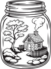 Cottage in a Jar &ndash; Cozy Miniature Landscape Coloring Page
