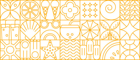 Abstract geometric summer beach pattern with line icons in vibrant yellow palette, featuring tropical drinks, fruits and playful shapes in modern grid layout. Vector seasonal vacation tile background