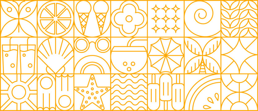 Abstract geometric summer beach pattern with line icons in vibrant yellow palette, featuring tropical drinks, fruits and playful shapes in modern grid layout. Vector seasonal vacation tile background