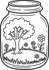 Simple Nature Jar – Tree and Wildflowers Line Art Coloring Page