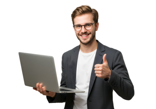 Happy Businessman Giving Thumbs Up While Holding Laptop - Business Success Concept
