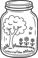 Simple Nature Jar – Tree and Wildflowers Line Art Coloring Page