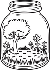 Simple Nature Jar – Tree and Wildflowers Line Art Coloring Page