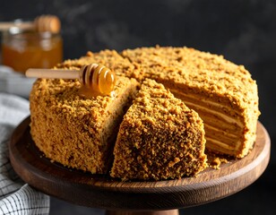 Honey cake on a wooden stand