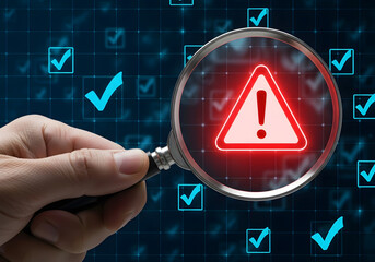 Magnifying glass over a red warning triangle with an exclamation mark, against a digital background with checkmarks