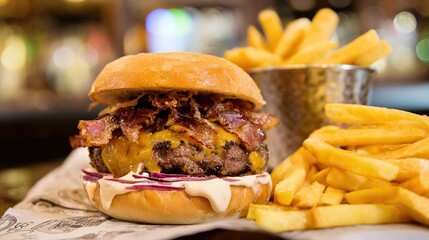 Juicy Beef Burger Topped with Melted Cheese, Grilled to a Golden Crisp&mdash;Every Bite Bursts with Rich, Savory Flavors, Boasting a Perfectly Seared Patty, Creamy Melted Cheese That Oozes With Each Bite