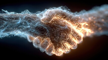 Digital handshake with glowing blue lines and energy