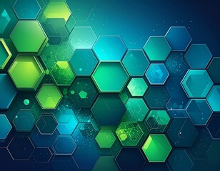 Abstract geometric background with overlapping hexagons in vibrant green and blue tones
