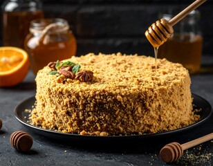 Honey cake on dark plate
