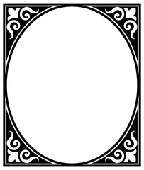 Vintage oval frame, decorated with vintage glass corners, classic patterned borders.
