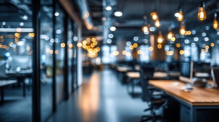 Blurred empty modern office interior with desks, chairs, and pendant lights. Use it for business, corporate, or technology related concepts and backgrounds.