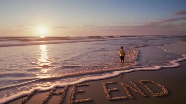 Child Watching Sunrise Over Ocean with "The End" Written in Sand