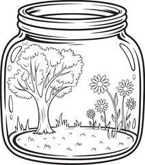 Tiny World Garden in a Jar – Whimsical Tree and Flowers Line Art Coloring Page