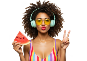 Woman with watermelon and peace gesture on transparent background