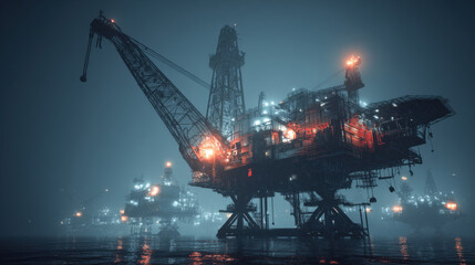 oil drilling rig at night