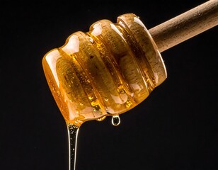 Honey dripping from a wooden dipper