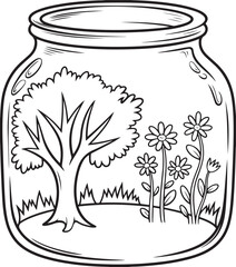 Tiny World Garden in a Jar – Whimsical Tree and Flowers Line Art Coloring Page