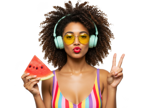 Woman with watermelon and peace gesture on transparent background