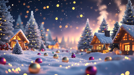 Charming Christmas Village Scene at Night Under Snow