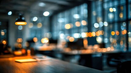 Blurred office interior with warm lamp and city lights in the background. Perfect for illustrating concepts of focus, dreams, or urban life.