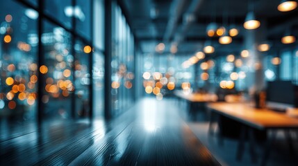 Obraz premium Blurred office interior with lights and cityscape visible through the glass. Use this photo for backgrounds, abstract ideas, or concepts of business.