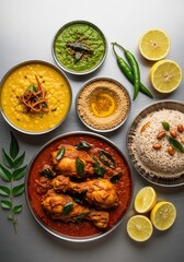 Overhead shot of chicken curry with rice, lentils, chutney, and lemon slices on a gray background