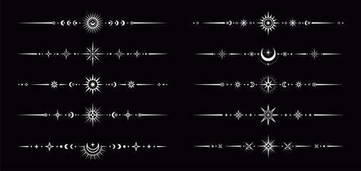 Silver esoteric celestial divider borders with magic symbols of sun, moon and stars, vector set. Divider borders with celestial ornament for Tarot frames, mystic astrology or esoteric sacred geometry