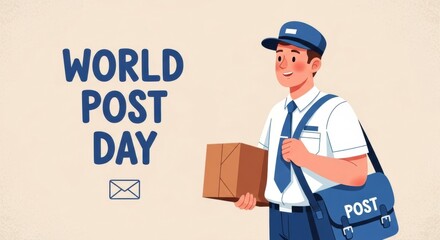 Illustration of world post day with a smiling postman carrying a package and a mail bag