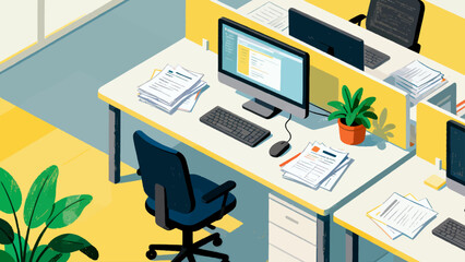 Indoor business office scene, vector hand-drawn illustrations
