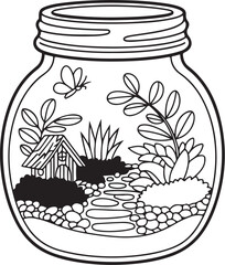 Tiny World Garden in a Jar – Whimsical Tree and Flowers Line Art Coloring Page