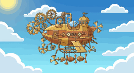 Steampunk Airship Flying in the Sky.