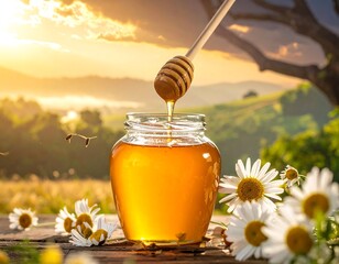 Honey jar at sunrise over a meadow
