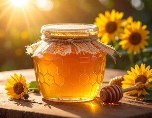 Honey jar on rustic wooden table, surrounded by sunflowers