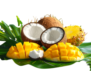  Coconut with Cut Coconut and Tropical Fruits