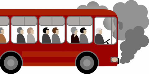 Red passenger bus with people inside emitting dark smoke from the exhaust pipe on a white background