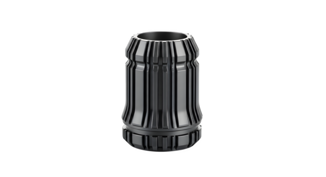 Black collet chuck isolated on transparent background, precision tool for machinery, engineering, and manufacturing, showcasing its intricate design