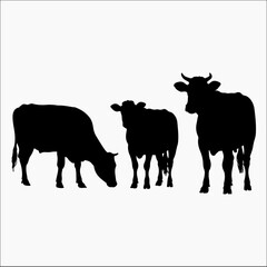 Three black cow silhouettes standing in a field Vector