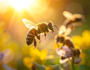 Honeybee in flight, golden light
