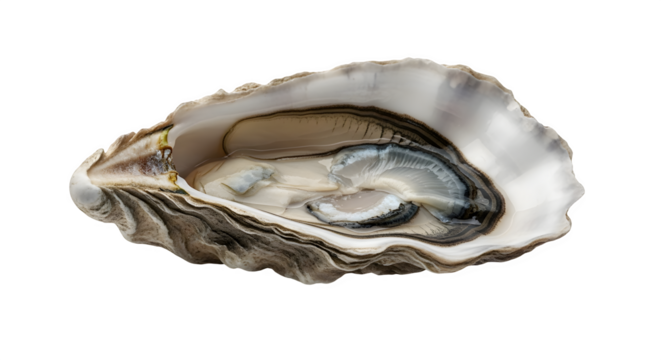 Fresh oyster in opened shell isolated on transparent background, a delicious seafood delicacy with a briny flavor and smooth, creamy texture for gourmet dining