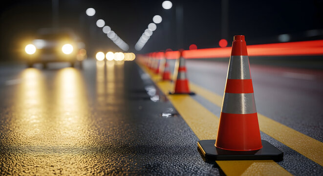 Roadwork ahead traffic cone safety at night with car light streaks