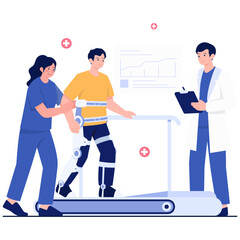 Physical therapy session with exoskeleton and treadmill