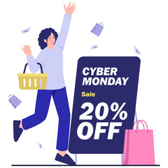 Person with shopping basket and Cyber Monday sale sign