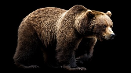 Obraz premium Brown Bear on Solid Black Background (Walking/Moving Pose, Slightly Leaning Right, Top Lighting Highlighting Fur)