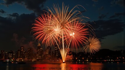 Vibrant red and gold fireworks exploding over a city skyline reflected in water