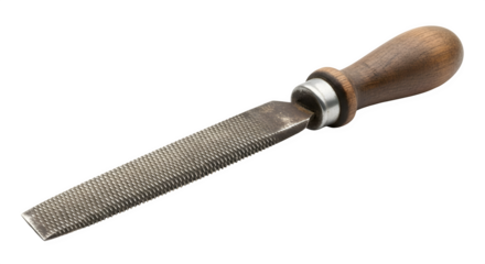 Closeup of a rasp isolated on transparent background, a coarse file used for shaping wood, plastic, or other soft materials, with a wooden handle