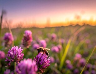 Honeybee on a clover flower at sunset
