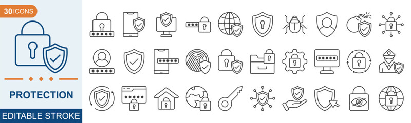 Protection Editable Icon set. Vector illustration in modern thin line style of security related icons: shield, lock, guard, and more. Illustration Eps 10