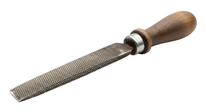 Closeup of a rasp isolated on transparent background, a coarse file used for shaping wood, plastic, or other soft materials, with a wooden handle - Powered by Adobe