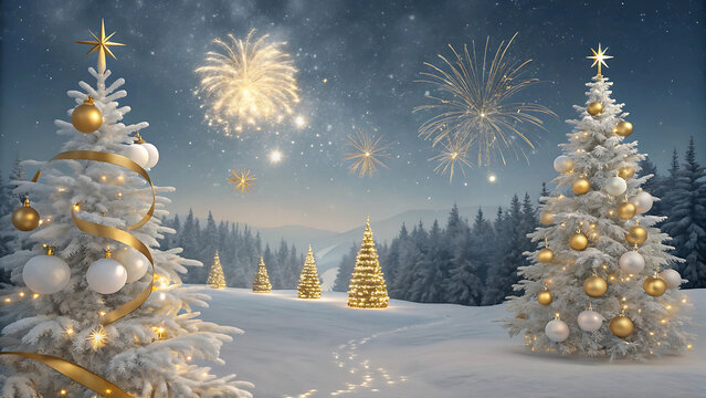 "Majestic Christmas Trees Illuminated by Sparkling Fireworks Amidst a Snowy Winter Landscape" - Powered by Adobe