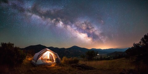 Starlit Serenity: Camping Beneath the Majestic Milky Way in a Tranquil Mountain Landscape